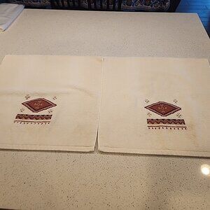 VOHANN EMBROIDERED SOUTHWESTERN AZTEC Cream GOLD Bath TOWELS SET Of 2 46x21 USA